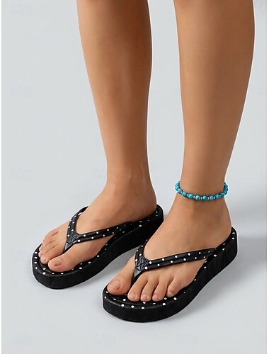 Dames zwarte platform slippers met stippen - chique sandalen met sleehak en stippenpatroon voor strandvakanties en zomerse zwembadfeestjes &reizen naar tropische resorts