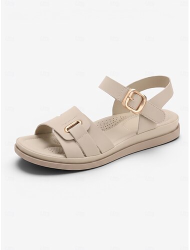  Beige comfortabele platte sandalen voor dames met voetboogondersteuning - lichtgewicht, comfortabel de hele dag door, met meerdere bandjes. &Verstelbare slingback sandalen met gesp en antislipzool
