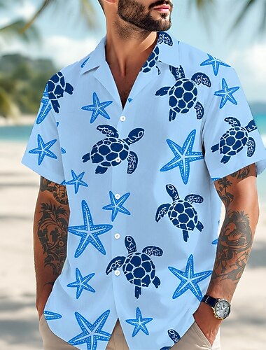  Herre Sjøstjerne Skilpadde Hawaii skjorte Tropiske skjorter Aloha skjorte Kortermet Hawaiisk Daglig Strandferie Sommer Vår Aftæpning 3D-utskrift Skjorter med knapper Blå Gul Grønn