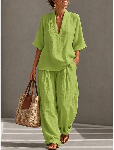  Dames Katoenen linnen sets Halve mouw V-hals Effen Vakantie Dagelijks Casual Dagelijks blauw Zwart Wit Lente zomer