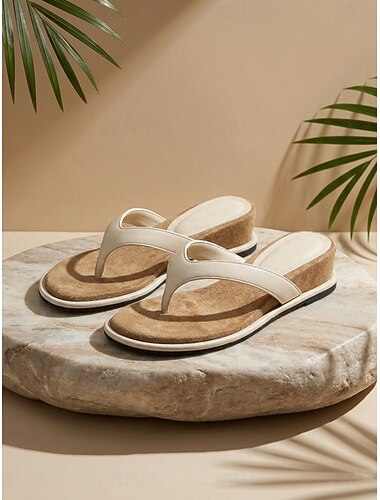  Crème-witte dames teenslippers met sleehak - elegante platform teenslippers met suède zool voor strandvakanties en zomercruises. &badplaatskleding