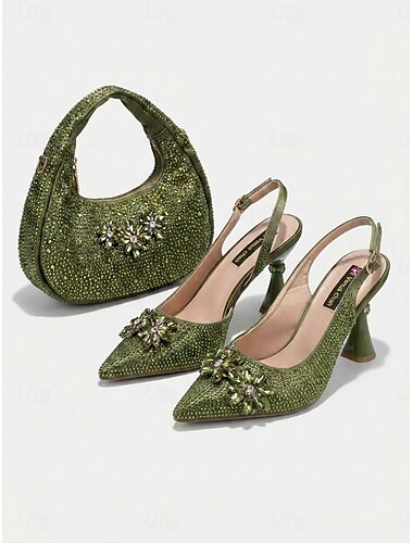  Conjunto feminino verde com sapatos e bolsa totalmente cravejados de strass - salto alto brilhante com aplicações de flores e bolsa para festa à noite.