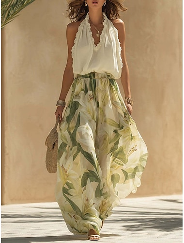  Damen Maxikleid Chiffonkleid Kleid-Set Blumenkleid Elegant Mode Modern Täglich Urlaub Wochenende Normale Passform Blumen Ärmellos Neckholder Grün Sommer Frühling