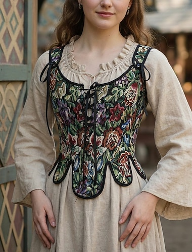  Retro Vintage Medieval Renascentista Corpete Espartilho de Tronco Inteiro Fada Cordões Floral Pintura à Óleo Fantasia Mulheres Fantasia Dia Das Bruxas Carnaval feira renascentista LARP Adulto Corpete