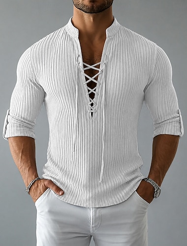  Da uomo Camicia Maglia a coste Camicia popover Camicia casual Bianco Blu marino Kaki Verde militare Grigio Manica Lunga Semplice Colletto alla coreana Scollo a V Casuale Quotidiano Coulisse