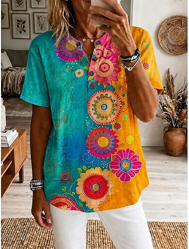  Mulheres Camisa Social Túnica Floral Gráfico Elegante Moda Diário Manga Curta Decote V Tops regulares Casual Diário Laranja Verão Primavera