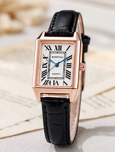  Montre Tank vintage pour femme, boîtier rectangulaire en or rose, cadran rétro à chiffres romains avec aiguilles bleues, bracelet en cuir noir, petite montre à quartz pour femme, montre habillée ou