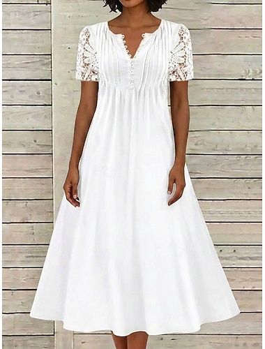  Per donna Abito Midi Abito in Pizzo Abito Bianco Abito Estivo Elegante Moda Quotidiano Spiaggia Vacanza Vestibilità regolare Semplice Manica Corta Girocollo Bianco Estate Primavera