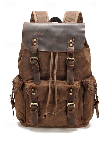  Mochila vintage de lona encerada para homens e mulheres, mochila retrô universitária de grande capacidade com acabamento em couro legítimo, bolsa impermeável para laptop, ideal para escola,