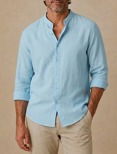  Camicia da uomo estiva casual in lino - maniche lunghe con bottoni - blu