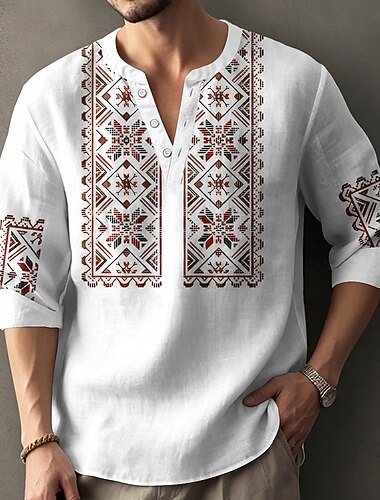  Per uomo Motivo Geometrico Etnico Camicia Maglia Henley Tunica Manica Lunga Vintage Retrò Quotidiano Vacanza al Mare Estate Primavera Scollo a V Cardigan con Bottoni Stampa 3D Camicia tipo lino Blu