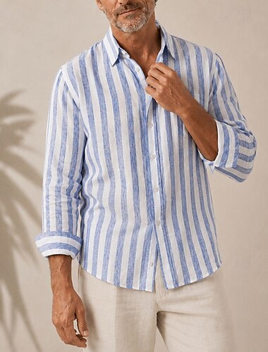  Camicia da uomo a righe in lino – a maniche lunghe con bottoni, ideale per le vacanze estive.