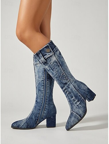  Dames cowboylaarzen van blauw denim - vintage kniehoge laarzen van gewassen spijkerstof met een stevige hak, perfect voor outdoor muziekfestivals en Coachella-outfits. &countryconcert