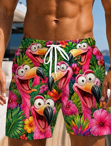  Herre Flamingo Kokosnøttre Badeshorts Badedrakter Badeshorts Surfeshorts Medium Midje Hawaiisk Daglig Strandferie Sidelommer Mesh fôr Elastisk snøring i midjen Designer Klær