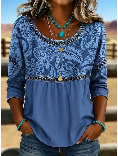  Dames Overhemd Oogje top Normaal shirt Lapwerk Knop Afdrukken Elegant Bohemen Vakantie Lange mouw Strakke ronde hals Normale tops Casual blauw Lichtgroen Rood Groen Zomer Lente Herfst Winter