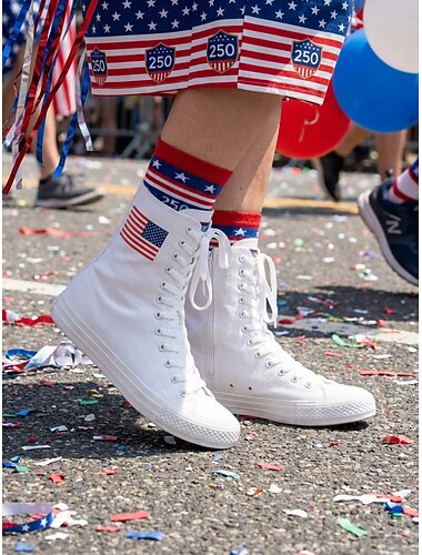  hvite patriotiske høye sneakers i lerret til dame – snørestøvletter med amerikansk flagg i lerret til uavhengighetsdagen og paraden &uformelt streetwear