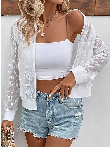  Damen Freizeitjacke Spitzenjacke Leicht Spitze Bestickt Elegant Blumen Lässig Wochenende Reisverschluss Kurz Rundhalsausschnitt Normale Passform Langarm Oberbekleidung Weiß Sommer Frühling