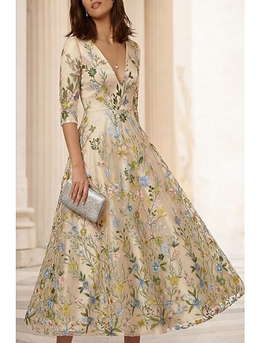  A-linje Ankellång Telång Cocktailklänningar Festklänningar Elegant Vintage Blommig Halvlång ärm V-hals Bröllop Formell Satäng med Broderad blomma Broderad Applikationsbroderi