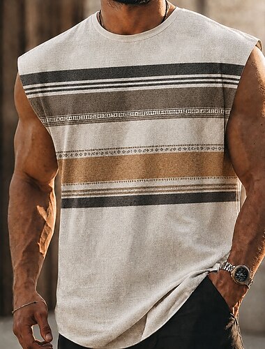  Voor heren Boho Gestreept Onderhemd Mouwloos T-shirt 3D-afdrukken Strakke ronde hals Overhemd Vakantie Modieus Dagelijks Feestdagen blauw Rood Bruin Lente zomer Kleding S M L XL 2XL 3XL