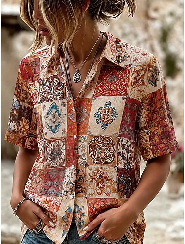  Per donna Camicia Floreale Grafico Elegante Bohemien Vacanza Manica Corta Scollo a V Colletto a Camicia Top Regolari Casuale Quotidiano Blu Rosso Arancione Estate Primavera