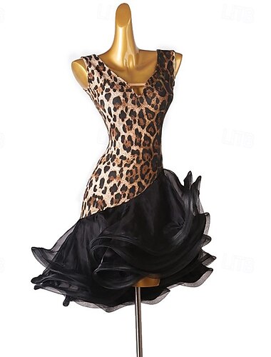  dansesalsa latinsk dansekjole leopardtrykk volanger dametrening ermeløs høy spandex