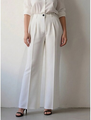  Dames Breed Been Pakken Recht Modieus Basic Volledige lengte Hoge taille Effen Zak Elastische taille Comfort Comfortabel Inelastisch Dagelijks Kantoor Vakantie Zwart Wit Lente Herfst Lente, Herfst