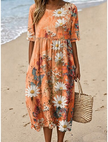  Mulheres Vestido midi Vestido da bainha Vestido T shirt Vestido A Line Vestido de verão Férias Casual Boho Diário Vestido de verão vestido de primavera Ajuste Largo Floral Gráfico Manga Curta Gola