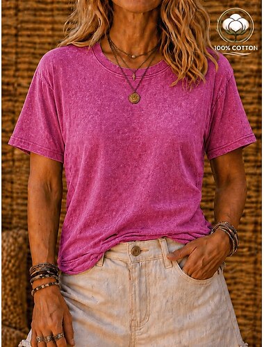  softfade™ dam-t-shirt i 100 % bomull vintage tvättad toppar mode snygg klassisk kortärmad rund hals långa toppar avslappnad vardag strand rosa röd blå gräsgrön svart orange sommar vår