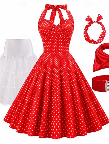  Conjunto Anos 50 Retro Vintage Rockabilly Longuette Anágua Vestido swing Conjunto de acessórios com acessórios Sem Mangas Bolinhas Justo & Evasê Fantasia Mulheres Carnaval Dia dos namorados Baile de