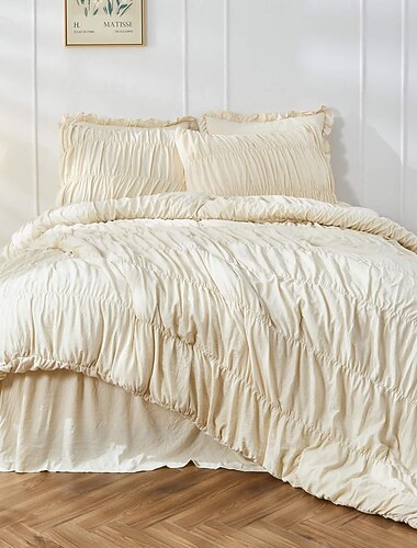  Bettwäsche-Set (Queen-Size) – geraffte Steppdecke im Boho-Shabby-Chic-Stil fürs Schlafzimmer, flauschiges 3-teiliges Set mit Kissen, weiche weiße Bettwäsche