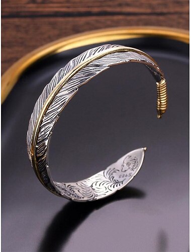  Bracciale rigido vintage da donna con piume, bracciale aperto regolabile, gioielli in lega argento e oro, bracciale in stile boho western, accessorio ispirato alla natura, regalo per donne, ideale per