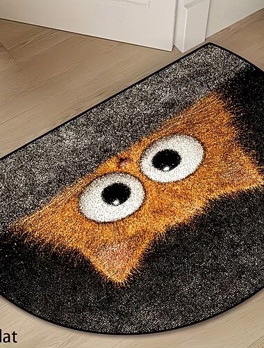  Niedliche, halbrunde Fußmatte mit orangefarbenem Katzenmotiv, verspieltes Katzenmuster – handwaschbar, geeignet für Bad, Küche, Eingangsbereich, Balkon – dekorative Halbkreismatte für kleine Räume und als Fußmatte.