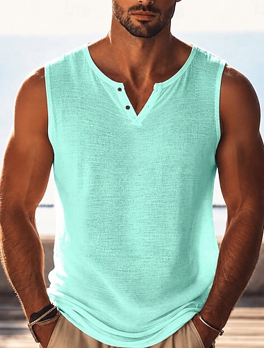  Herren Tanktop aus Leinen Ärmelloses Shirt Unterhemd Ärmellos V Ausschnitt Henley Sommer Einfach Mode Basic Böhmische Schlank Weich Lässig Strand Urlaub Schwarz Purpur Grün Top T-Shirt für Herren