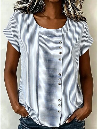  Mulheres Blusa Botões Imprimir Gráfico Geométrica Listrado Vintage Tropical à moda Manga Curta Tops regulares Casual Feriado Azul Verão Primavera