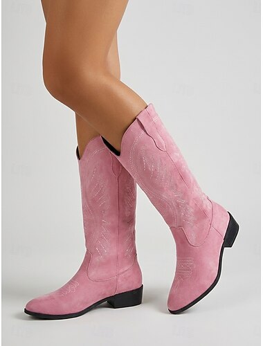  Roze western cowboylaarzen voor dames - geborduurde kniehoge laarzen van imitatie suède voor outdoor muziekfestivals en Coachella-outfits. &countryconcert