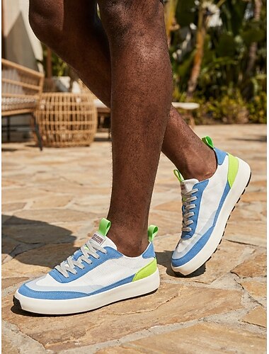  Sneakers casual da uomo bianche e blu, scarpe stringate leggere color block ideali per resort all'aperto, viaggi, tempo libero quotidiano e vacanze.