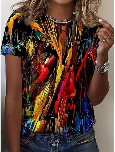  Mulheres Camiseta Imprimir Gráfico Gradiente Abstrato Elegante Vintage à moda Manga Curta Manga Longa Gola Redonda Decote Redondo Tops regulares Casual Diário Azul Preto e Vermelho Verde e Azul Verão
