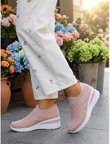  Weiße, gestrickte Keilsneaker für Damen – leichte, atmungsaktive Freizeitschuhe für Outdoor-Aktivitäten, Spaziergänge, Reisen und den Alltag