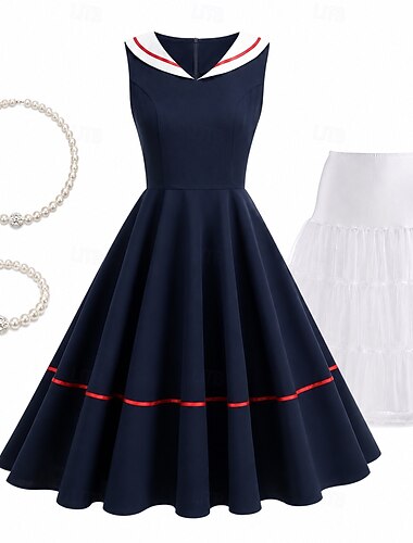  Conjunto Anos 50 Retro Vintage Longuette Até os Joelhos Vestidos Anágua Rockabilly com acessórios Sem Mangas Côr Sólida Justo & Evasê Fantasia Mulheres Carnaval Baile de Máscaras Renascimento Festa