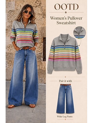  Mulheres Moletom Patchwork Imprimir Quarter Zip Tecido Listrado Elegante Quente Clássico Manga Longa Decote V Tops regulares Casual Casa Trabalho Verde Azul Escuro Cinzento Outono Inverno