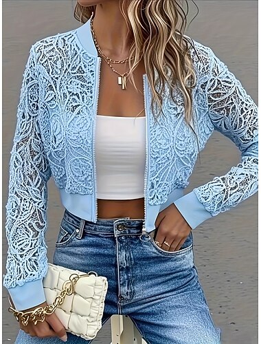  Per donna Giacca Casual Giacca di pizzo Leggero Pizzo Ricamato Elegante Ricamo Casuale Weekend Cerniera Corto Girocollo Vestibilità regolare Manica Lunga Capispalla Nero Bianco Rosa Estate Primavera