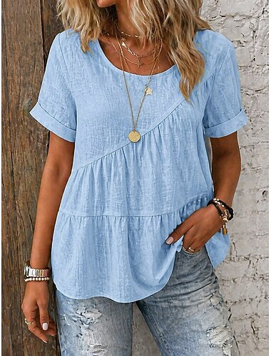  Dam T-shirt Blus T-shirts Vit bomullstopp Lager Slät Elegant bohemliv Klassisk Kortärmad Rund hals Vanliga toppar Ledigt Dagligen Strand Blå Svart Vit Gul Rodnande Rosa Sommar Vår