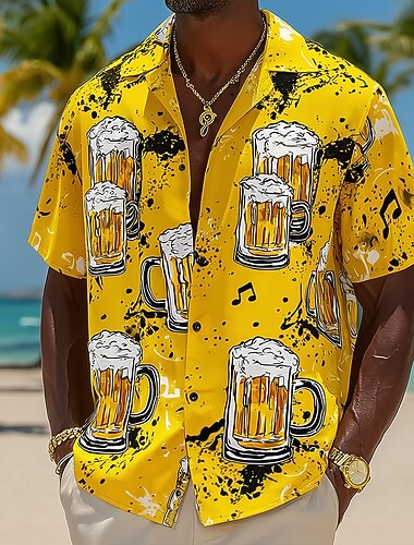  Homme Bière Notes de Musique Chemise Chemise à col cubain Chemise Boutonnée Manche Courte Vintage Rétro Festival de Musique Vacances à la Plage Été Printemps Chemise à col camp Impression 3D Bleu