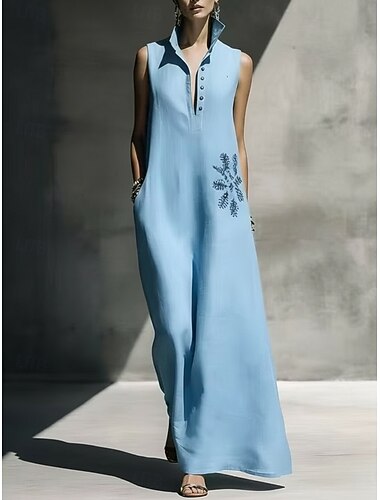  Damen Maxikleid Boho-Kleid Elegant Urlaub Normale Passform Blumen Ärmellos Stehkragen Himmelblau Grün Aprikose Frühling