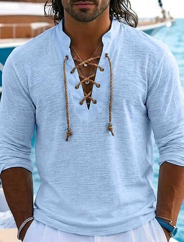  Herren Leinen-T-Shirt Langarm Schnürhals Henley Frühling & Sommer Sommer Frühling Einfarbig Einfach Vintage Nautisch Böhmische Schnürung Durchsichtig Lässig Urlaub Straße Schwarz Weiß Hellblau Top