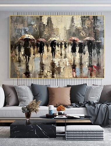  Handgemaltes Ölgemälde auf Leinwand, abstrakter impressionistischer Stil, Straßenszene an einem Regentag, dekoratives Gemälde für Wohnzimmer, Schlafzimmer, gerollt, rahmenlos, ungespannt