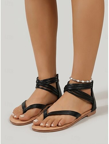 Sandali piatti da donna color cuoio con cinturini - sandali gladiatore minimalisti in stile bohémien con cinturino alla caviglia e cerniera posteriore, ideali per vacanze all'aria aperta in resort e
