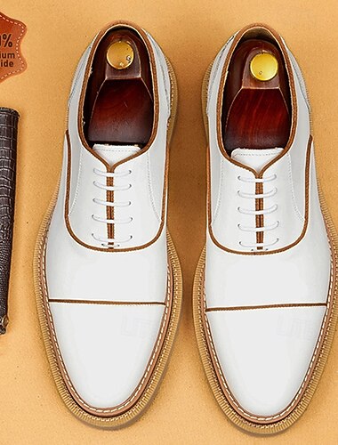  Chaussures Oxford blanches à bout rapporté en cuir véritable de qualité supérieure pour homme, à lacets, style classique et élégant, idéales pour le marié, les mariages, les réunions d'affaires, les banquets et les événements formels.