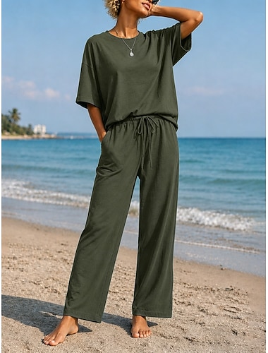  Damen-Hosen-Sets aus 15 % Leinen, Leinen-Sets, Basic-Teile in Unifarben, mit Tasche, elastischem Bund, T-Shirt und Hose, Langarm, Rundhalsausschnitt, in Blau, Schwarz, Weiß, Marineblau, Hellbraun, Sommer/Frühling
