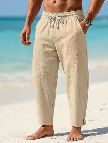  Hombre Pantalones de lino Pantalones de verano Pantalones Harem Correa Cintura elástica Plano Comodidad Transpirable Longitud total Casual Exterior Playa Vacaciones Moda Negro Blanco Rígido